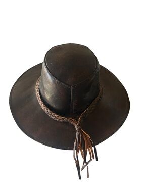 Handmade Genuine Weathered Leather Outback Hat Braided Band Brown